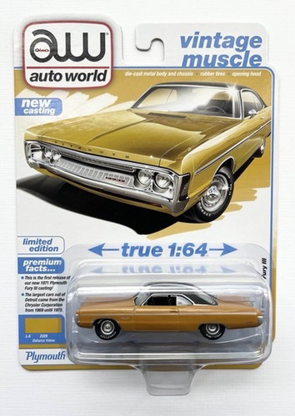 AUTO WORLD VINTAGE MUSCLE 1971 PLYMOUTH FURY III REL 3 VER A BAHAMA YELLOW