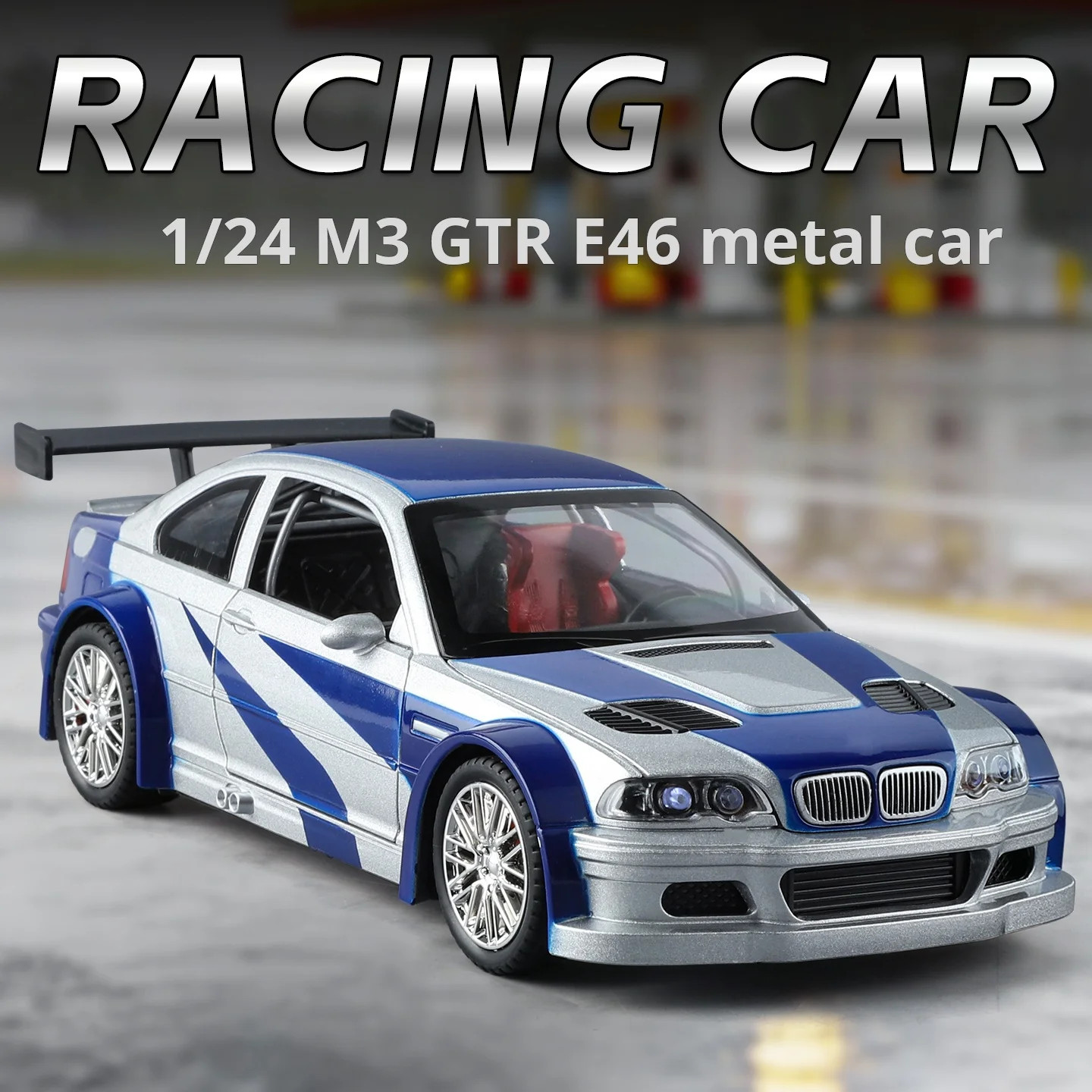 1:24 BMW M3 GTR E46 Alloy Muscle Diecast Car Model Sound Light Birthday Gift Toy