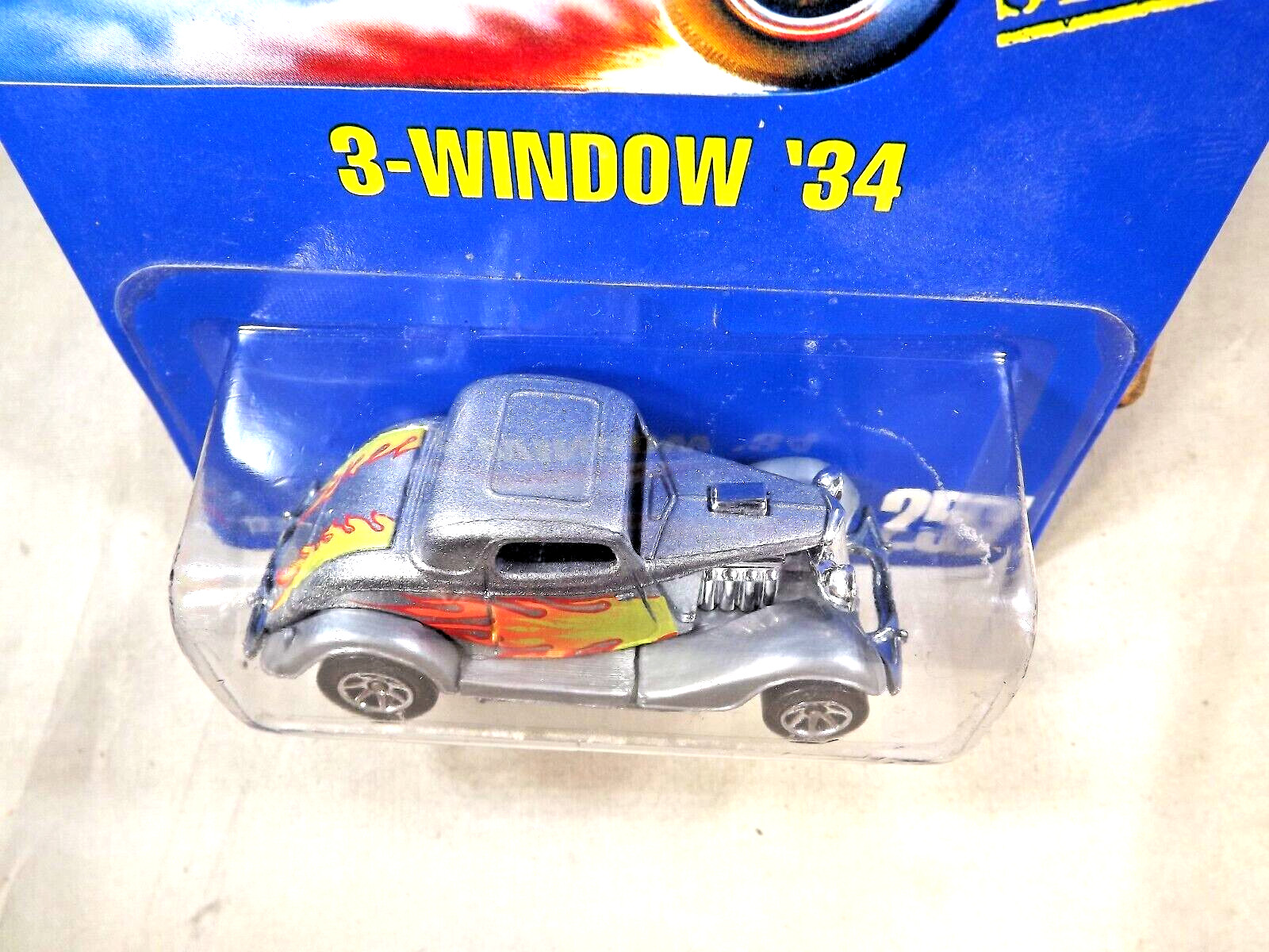 1991 Hot Wheels Blue Card #257 3-WINDOW ’34 Silver w/Chrome 7 Spoke Wheels Varia