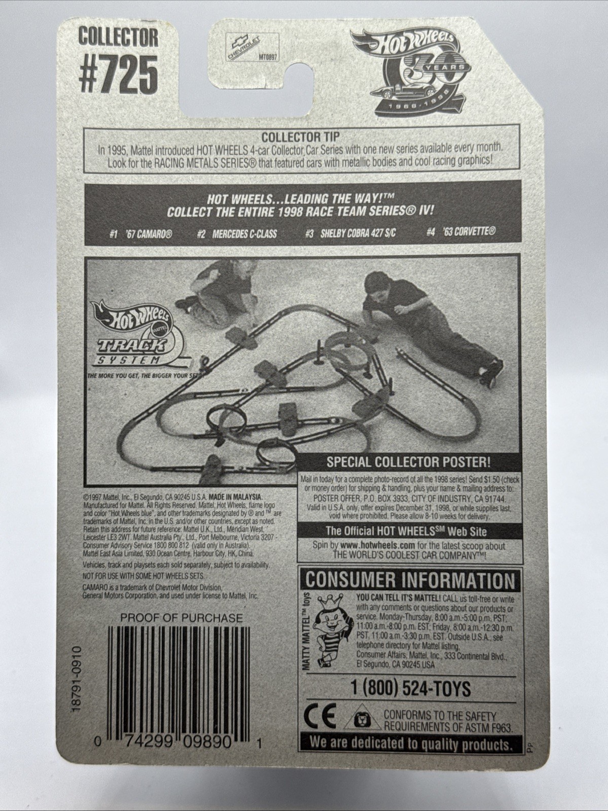 1997 Hot Wheels ’67 Camaro Race Team Series IV 5 Spoke Wheels Card #725 Blue