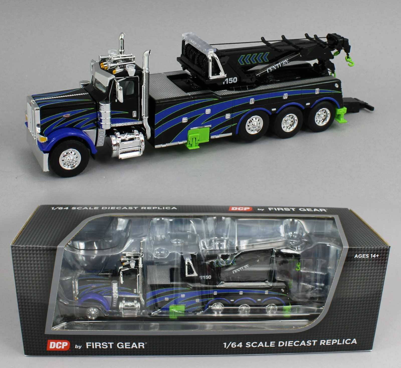 DCP 1:64 *BLACK & BLUE* Peterbilt 389 Day Cab CENTURY 1150 ROTATOR Wrecker *NIB*