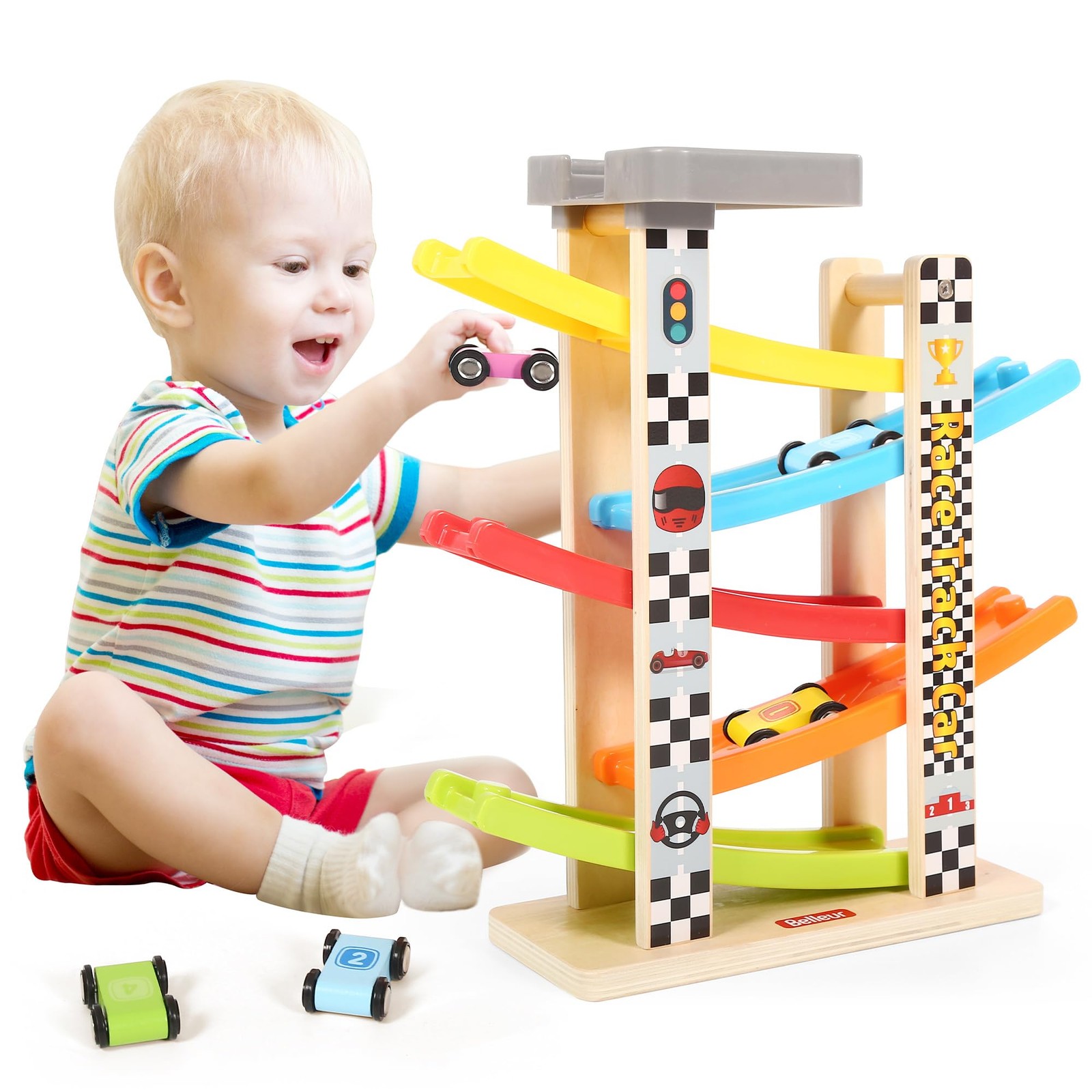 Belleur Montessori Toy for 1-3 Years Old Boys and Girls, Kid Race Track Car f…