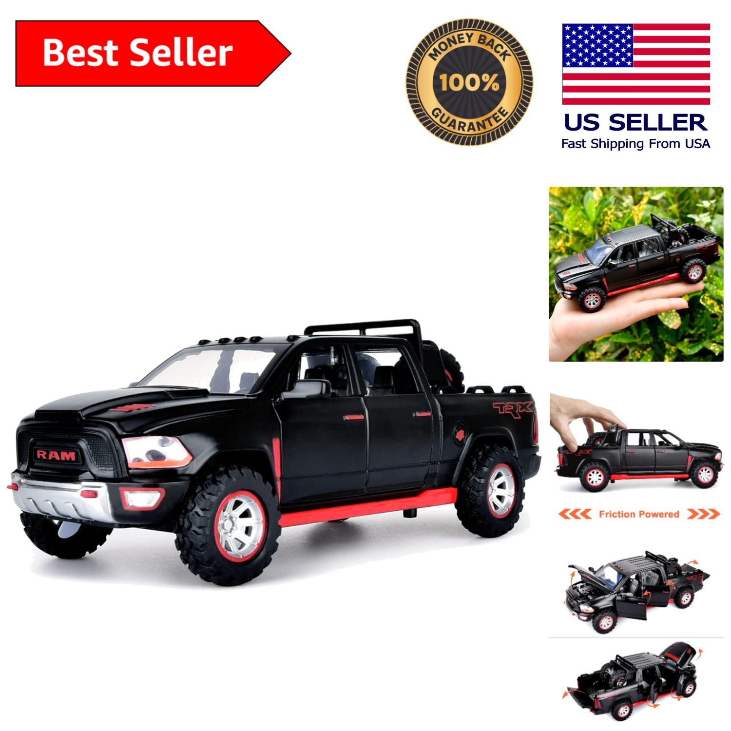 Realistic RAM 1500 Diecast Truck Model with Pull-Back Action & Lights – 1:32