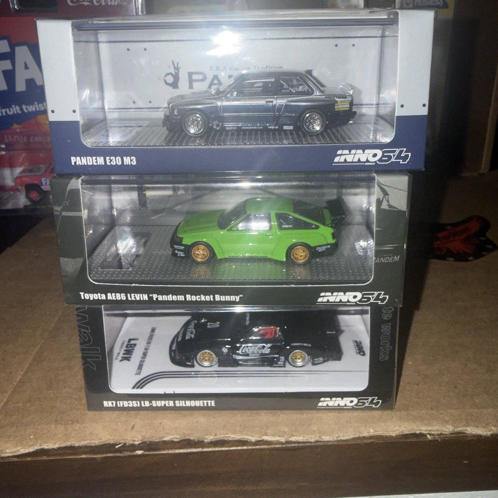 Inno64 JDM Bundle RX-7 LB Super Silhouette AE86 Levin & Pandem E30 M3 1:64 Coke