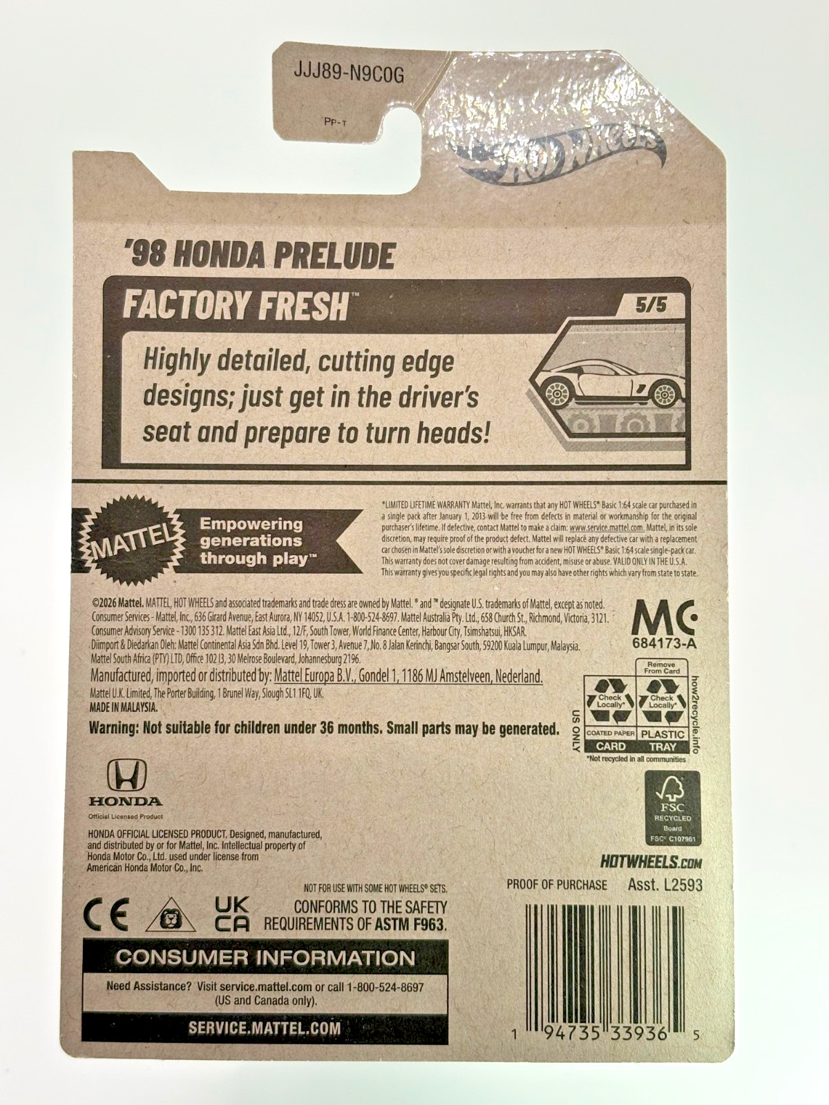 2026 Hot wheels ’98 Honda Prelude 136/250 Factory Fresh Black