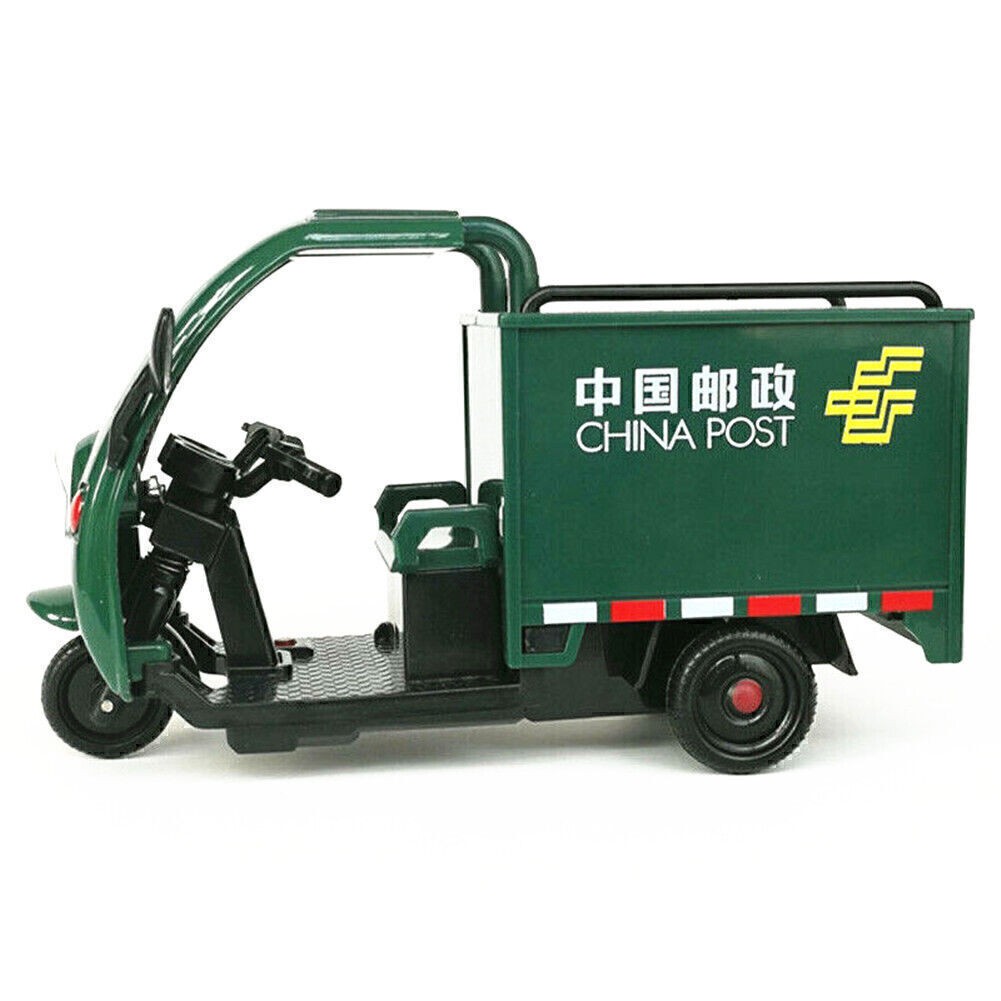 High Simulation China Post Express Car Tricycle Alloy Model With Sound And Light