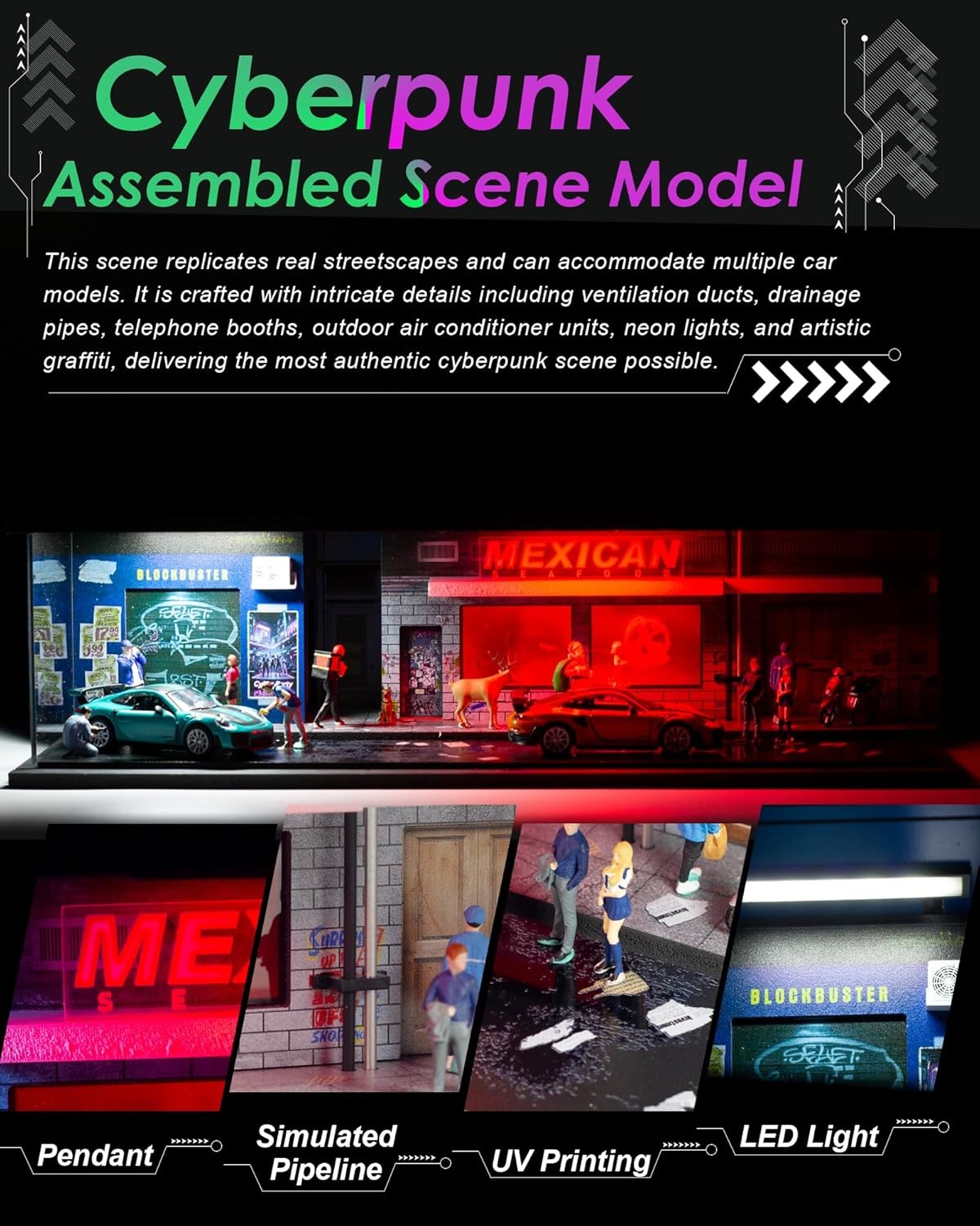 1:64 Diorama Punk Garage Model LED Lighting Parking Lot Scene Building Model US