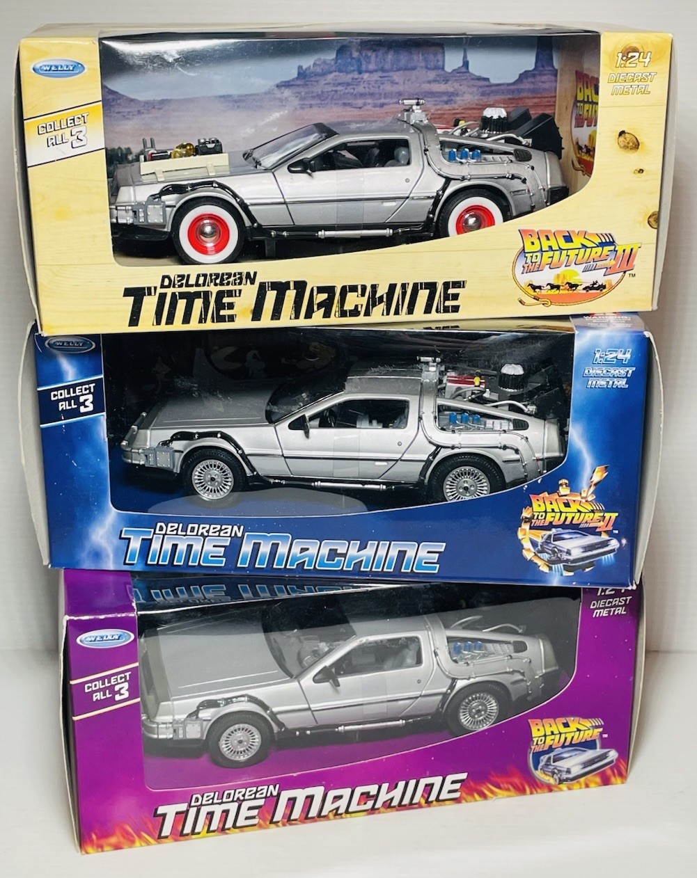 WELLY ALL Back to The Future I II & III DeLorean Time Machine 1:24 Scale Diecast