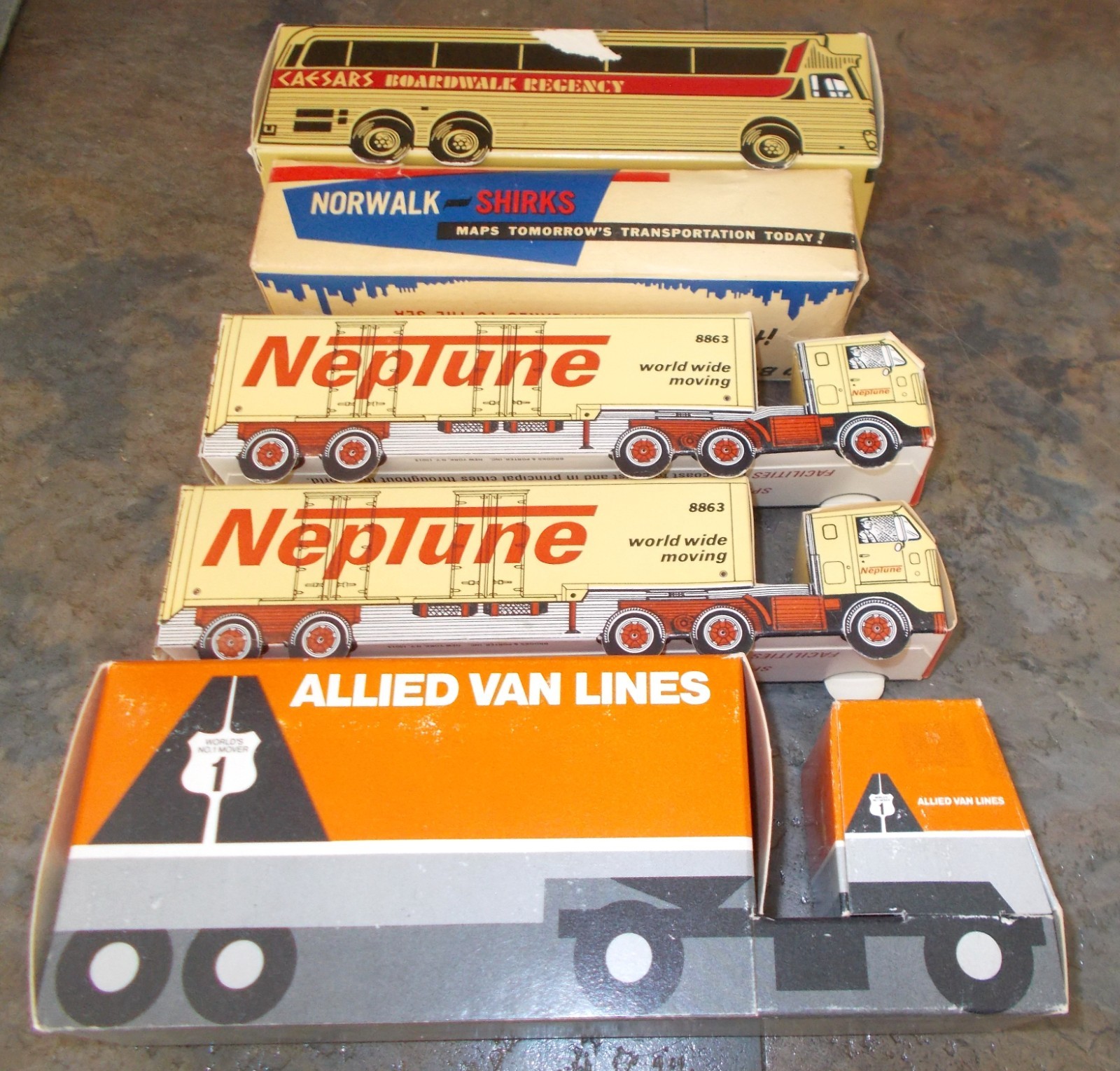 Neptune, Allied, Norwalk -Shirks T Lines, Caesars Boardwalk Carboard Trucks