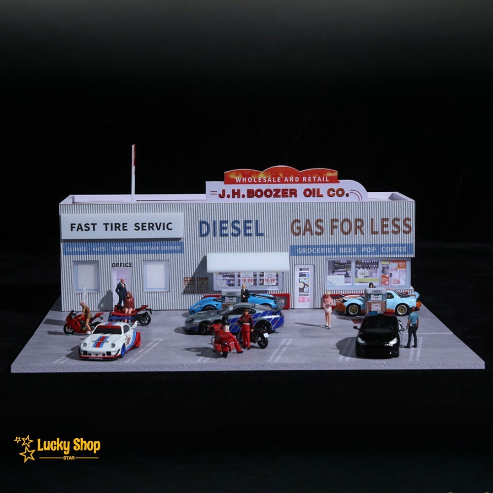 Diorama 1/64 Car Parking Lot Model LED Lights City Car Gas Station Scene Display