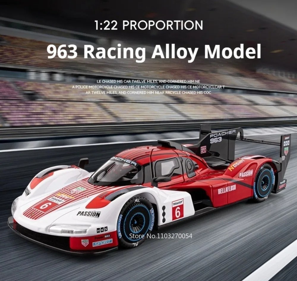 1:22 Porsche Penske 963 GTP 6# Diecast Model Car w/ Sound Light Pull Back Toy