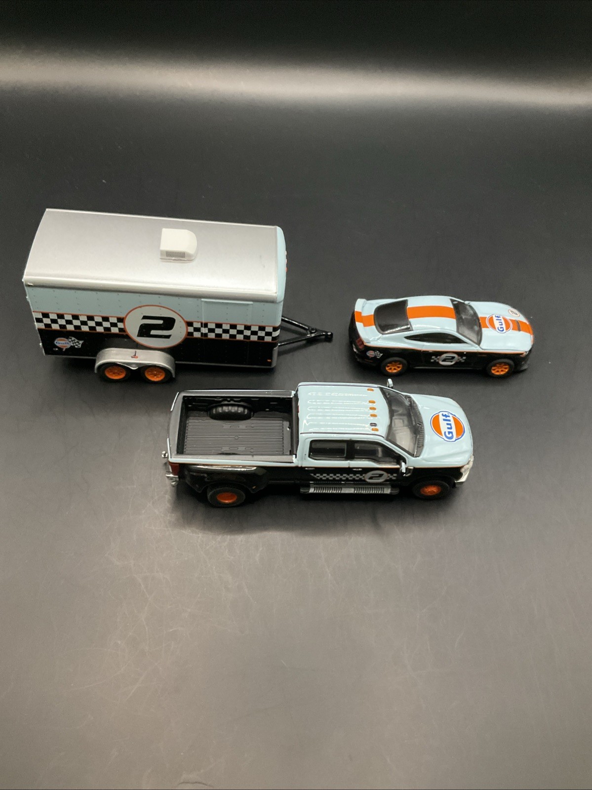 1#2 GL Gulf Ford F-350 Lariat Hitch N Tow ‘19 Ford Set 1/64 Truck, Trailer & Car