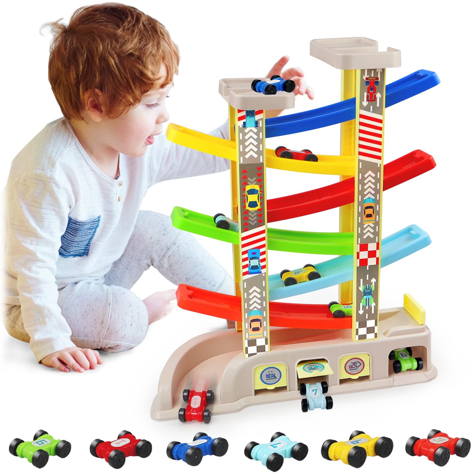 Montessori Toys for 2 3 Year Old Boys Toddlers, Car Ramp Toys with 6 Cars & R…