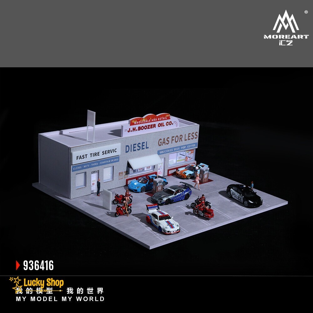 Diorama 1/64 Car Parking Lot Model LED Lights City Car Gas Station Scene Display