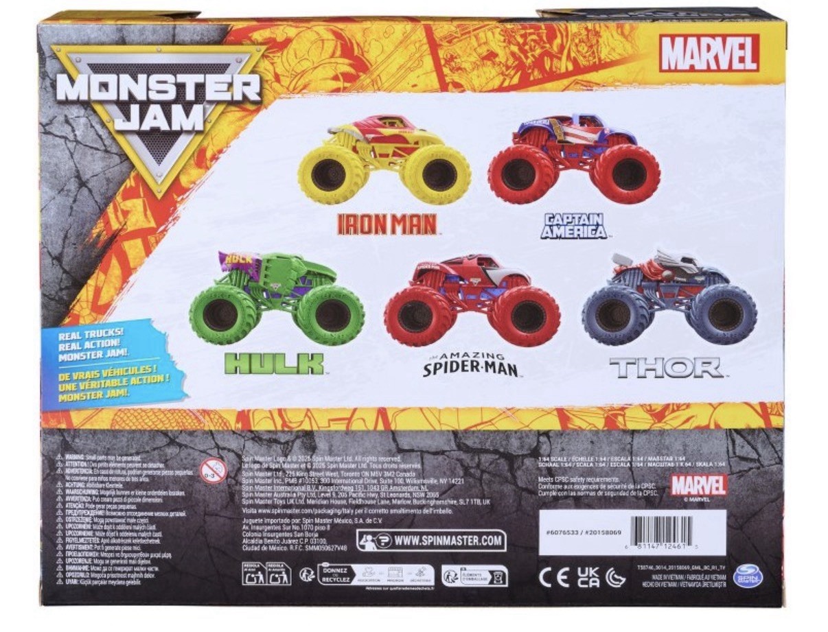 Monster Jam 1:64 Diecast Marvel Super Heroes 5-Pack Hulk Iron Man Spidey