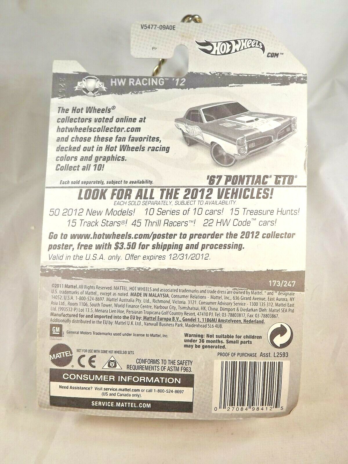 2012 Hot Wheels #173 HW Racing 3/10 ’67 PONTIAC GTO Blue w/Black MC5 Sp Red Rims