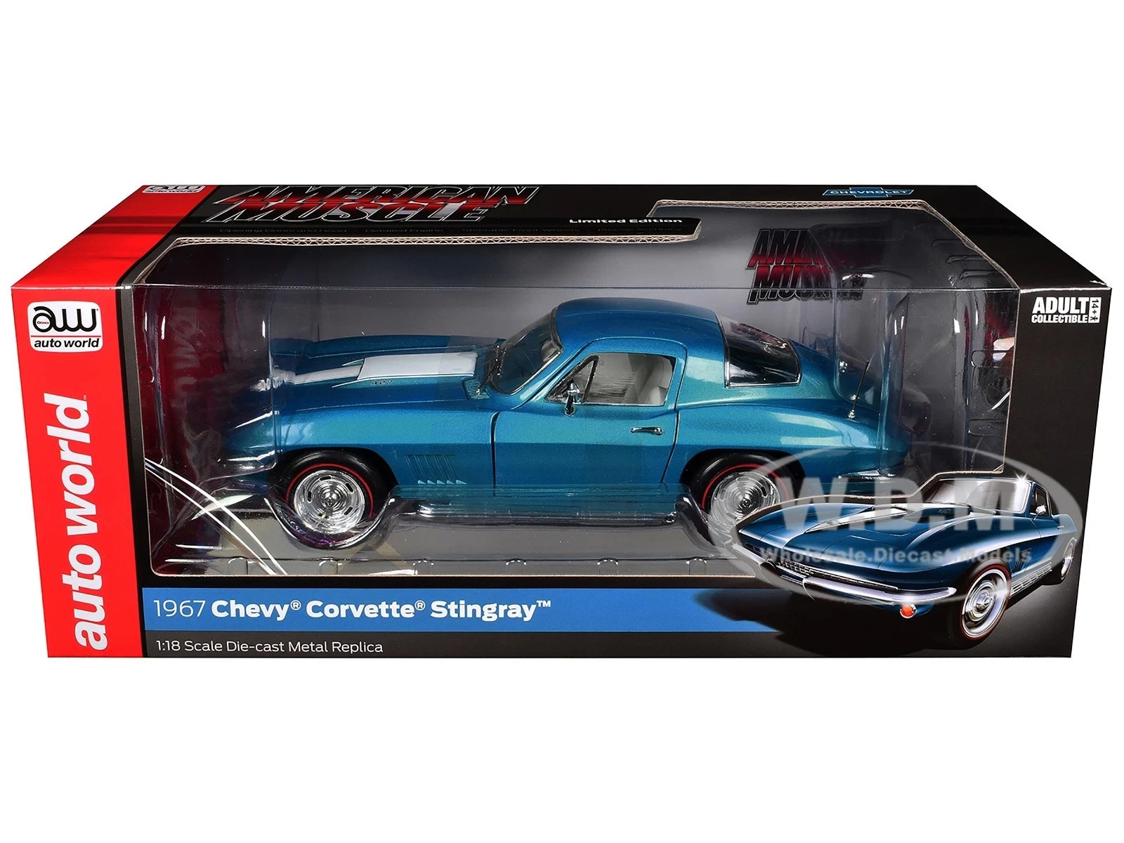 1967 CHEVROLET CORVETTE STINGRAY LIGHT BLUE 1/18 DIECAST BY AUTO WORLD AMM1376