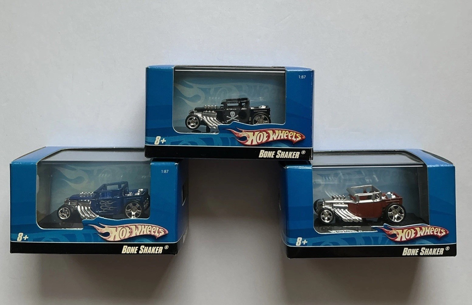 Hot Wheels 2097 BONE SHAKER 1:87/HO Scale Lot of 3 Black, Blue, Silver-Brown NIP