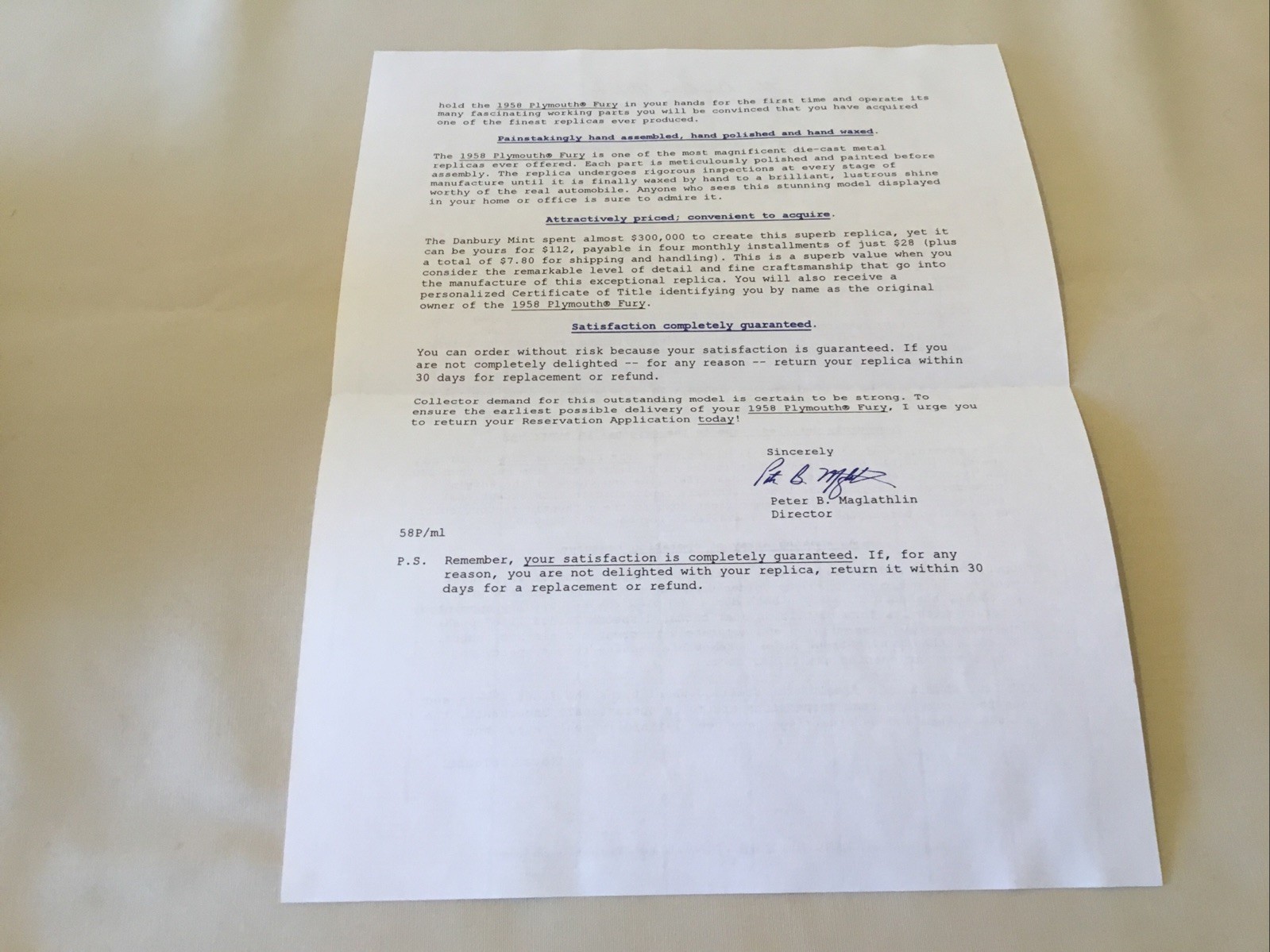 Danbury Mint 1958 Plymouth Fury Brochure Paperwork Only 1:24