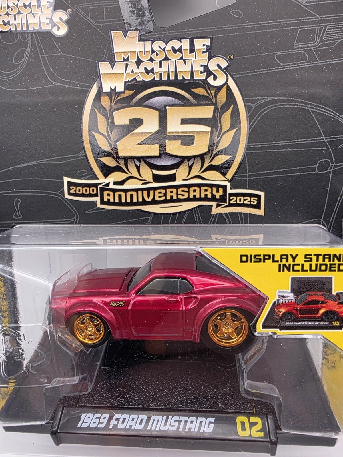 1969 Ford Mustang Muscle Machines 25th Anniversary Gold Wheels 1:64 Diecast Car