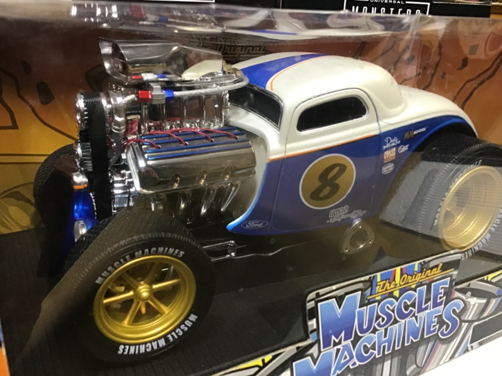 Muscle Machines – rare ’33 Ford Coupe – 1/18 Scale Diecast – 8 blue white