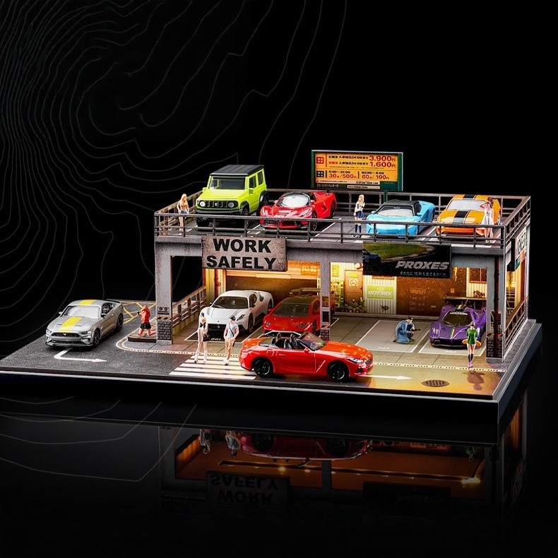 Diorama 1:64 Car Garage Model LED Lighting Repair Shop Building Scene Model Toy