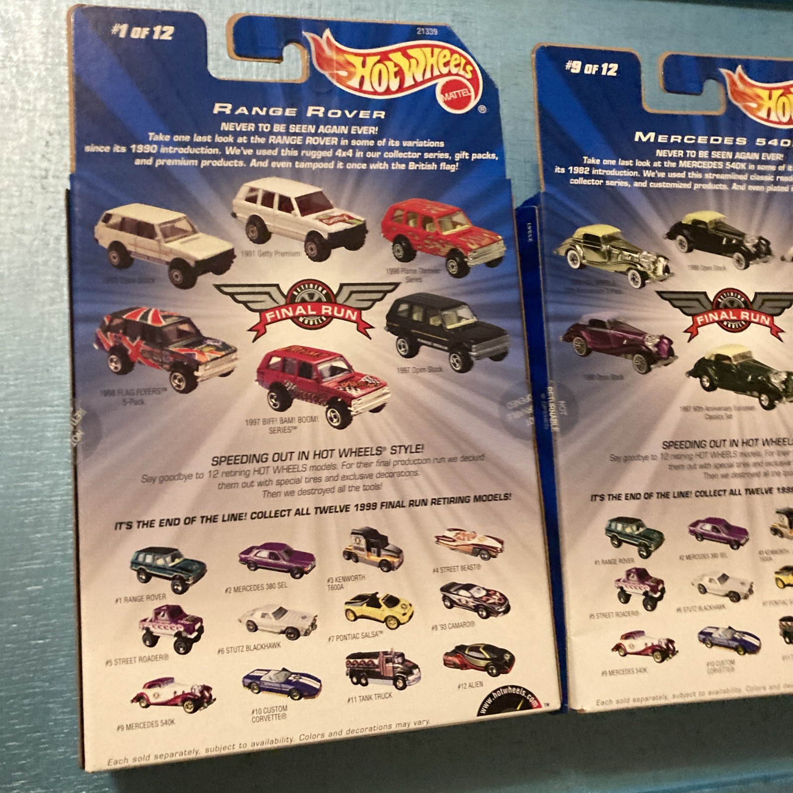 2 Hot Wheels 1999 Final Run Retiring Models #9 Mercedes 540K #1 Range Rover