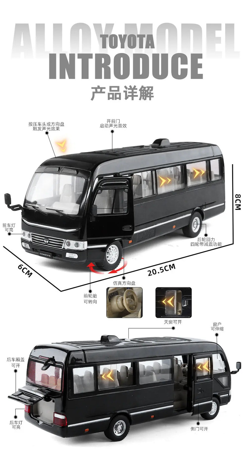 1:24 Toyota Coaster Business Shuttle Bus Alloy Diecast Model Car Home Desktop Di