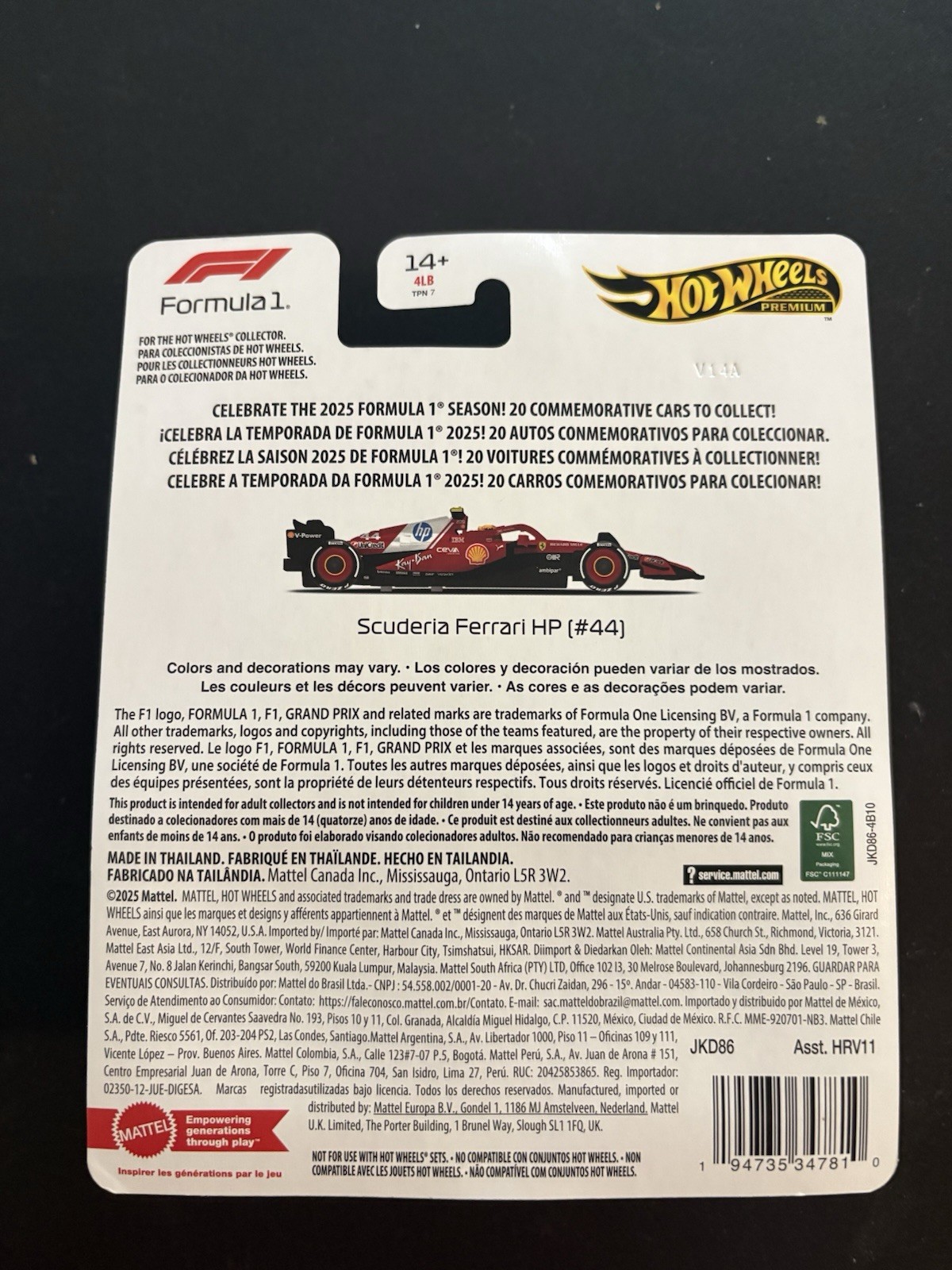 Hot Wheels Premium F1 Scuderia FERRARI Lewis Hamilton 44 Car HRV11 Mattel