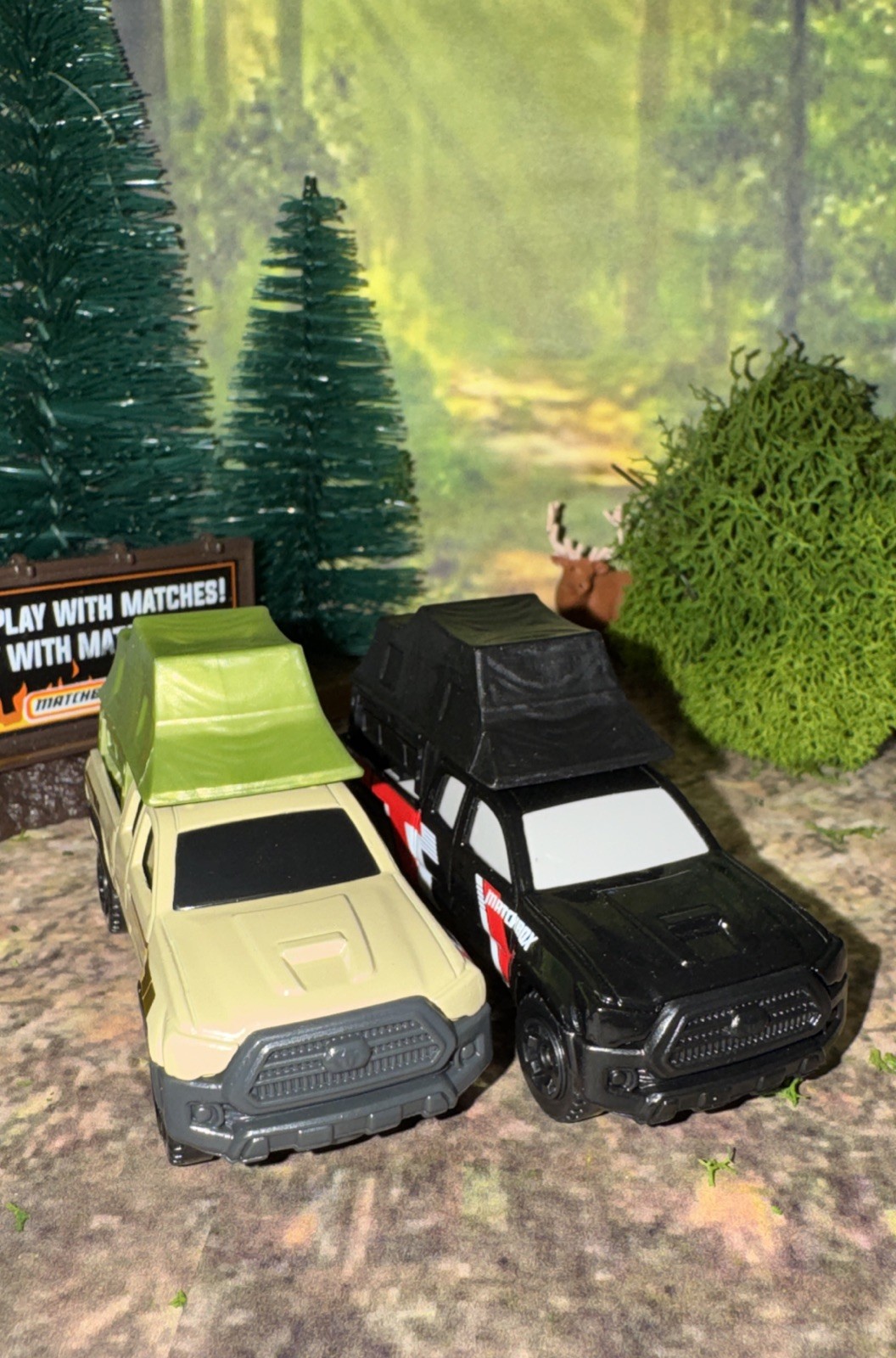 Lot Of 2 Toyota Tacoma Matchbox w/ Removable Camp Tent Black & Tan NLFFP 1:64 DC