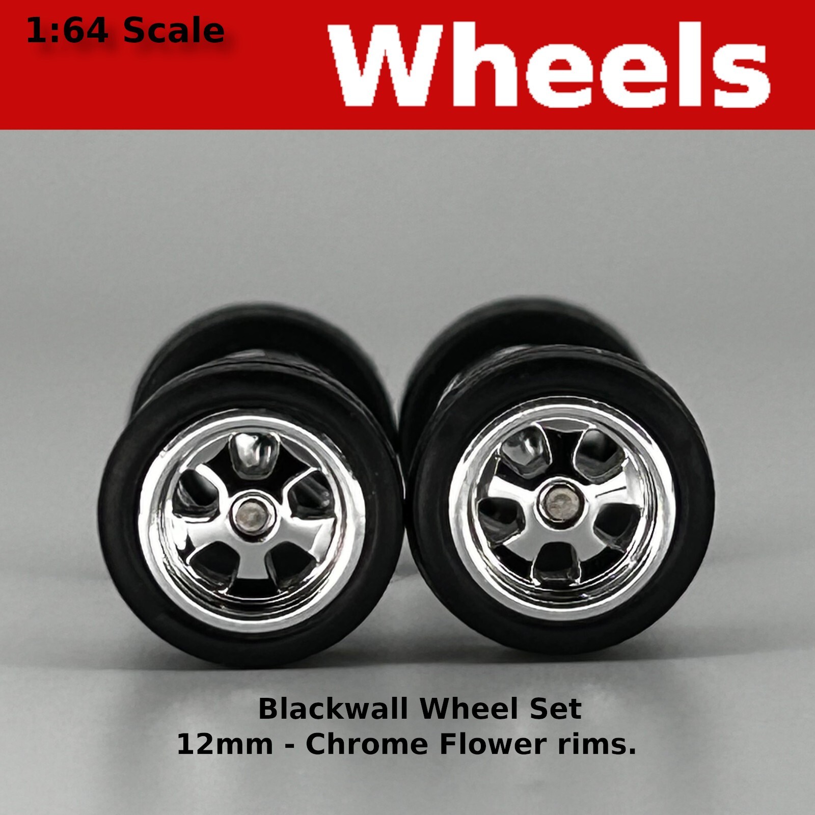 Chrome 12mm Blackwall 5 spoke flower wheels – 12/12mm for Hot Wheels