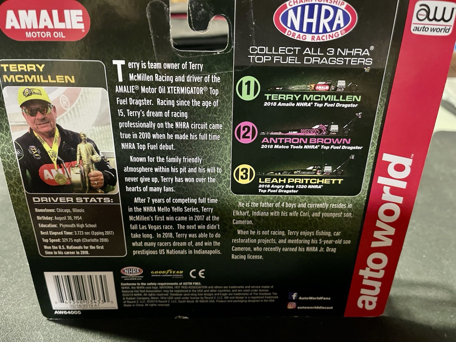 LEAH PRITCHETT 2018 ANGRY BEE 1320 T/F DRAGSTER 1/64 ERROR AUTO WORLD NHRA