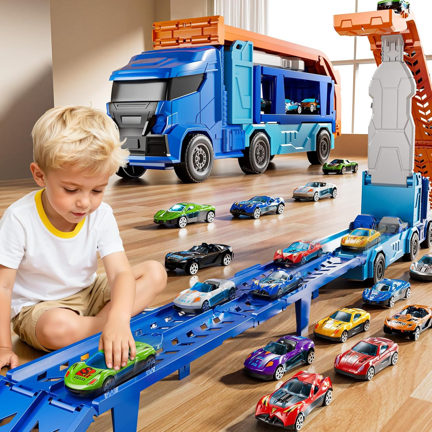 Truck Toys Car Track Set for 3 4 5 6 Years Old Boys, Carrier Truck Transporter C