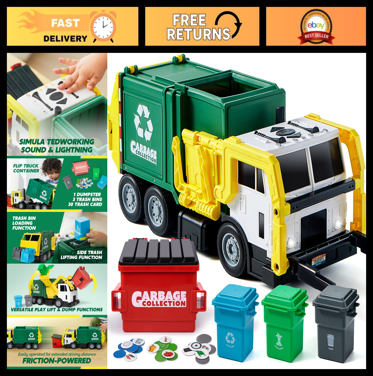 Large Friction Powered Garbage Truck Toy Set with Dumpster & Trash Bins – Kids G