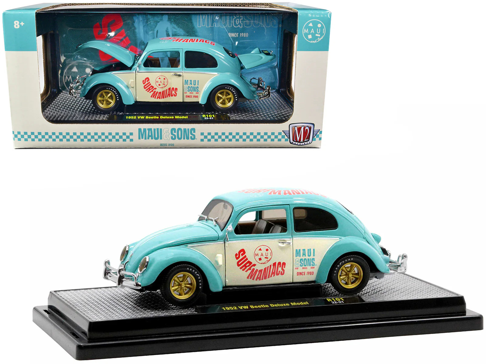1952 Volkswagen Beetle Deluxe Model Light Blue and Wimbledon White “Maui & Sons”
