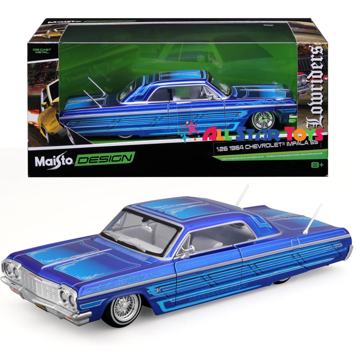 1964 CHEVROLET IMPALA SS LOWRIDER BLUE 1/26 DIECAST MODEL CAR BY MAISTO 32547
