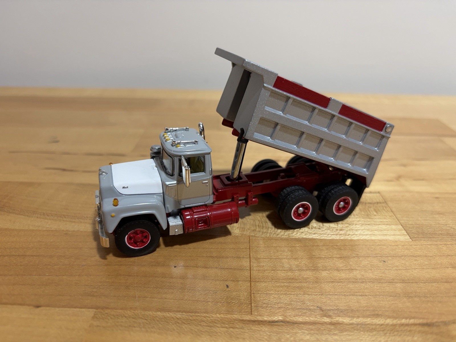 1/64 Mack R Model Dump Truck Silver & Red by First Gear