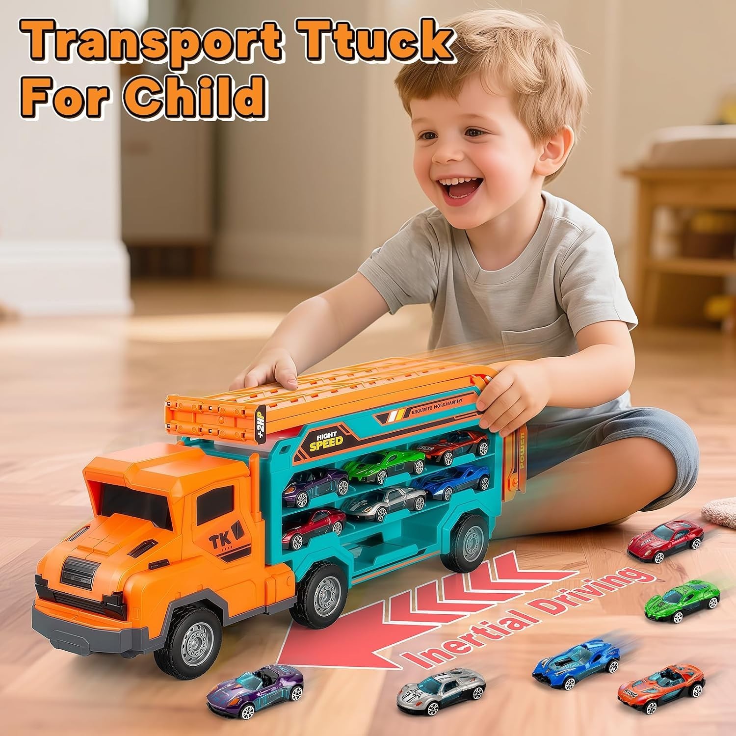 Carrier Truck Toys Race Track Transport Cars 2.8 Ft 6 Die-Cast Cars for Kids