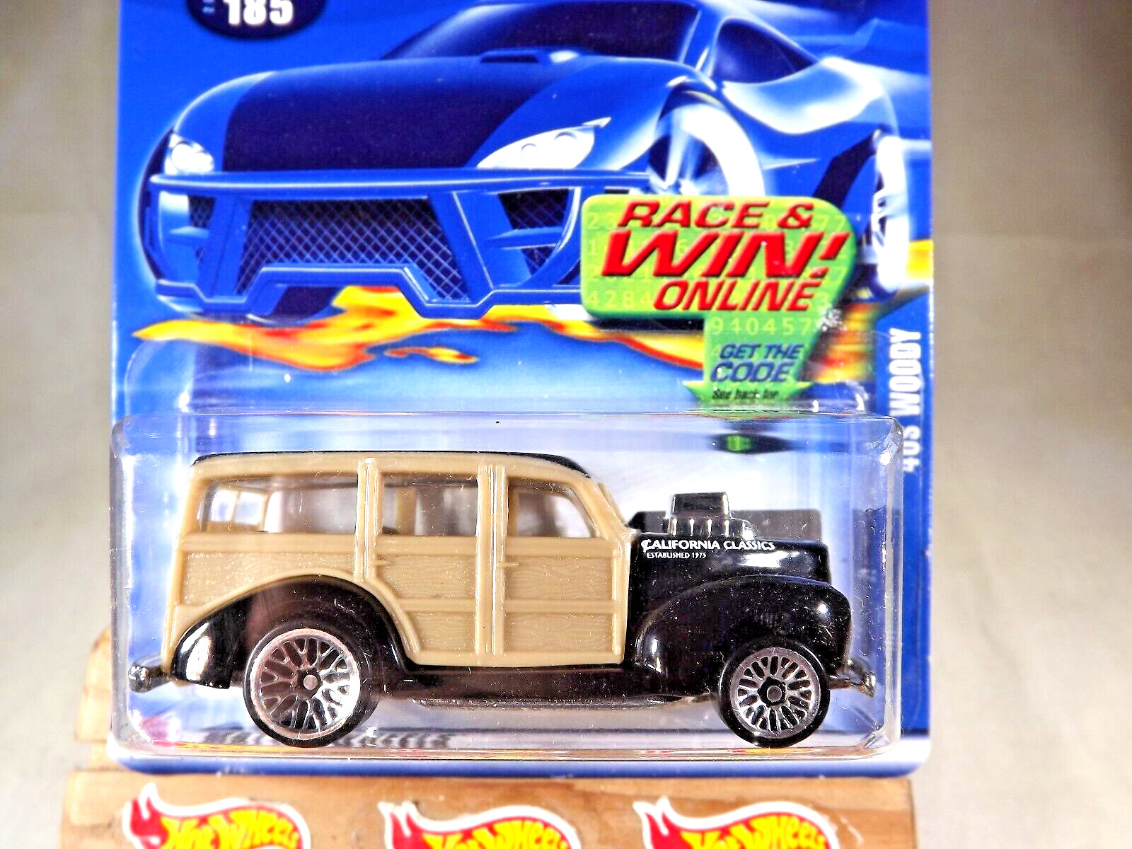 2002 Hot Wheels Mainline/Collector #185 ’40s WOODY Black-Tan Unpntd-Base wLaceSp