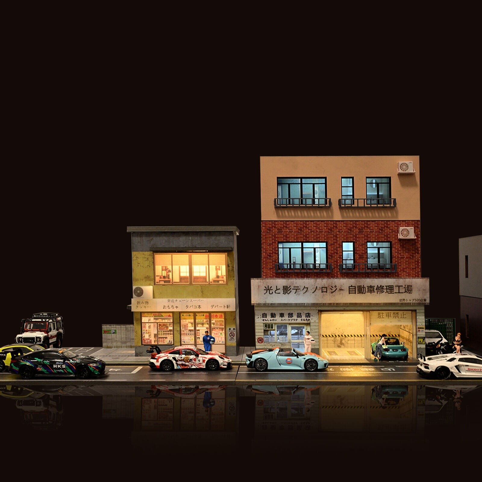 Diorama 1/64 Car Garage Model Lighting City Street Shop Parking Lot Scene Model