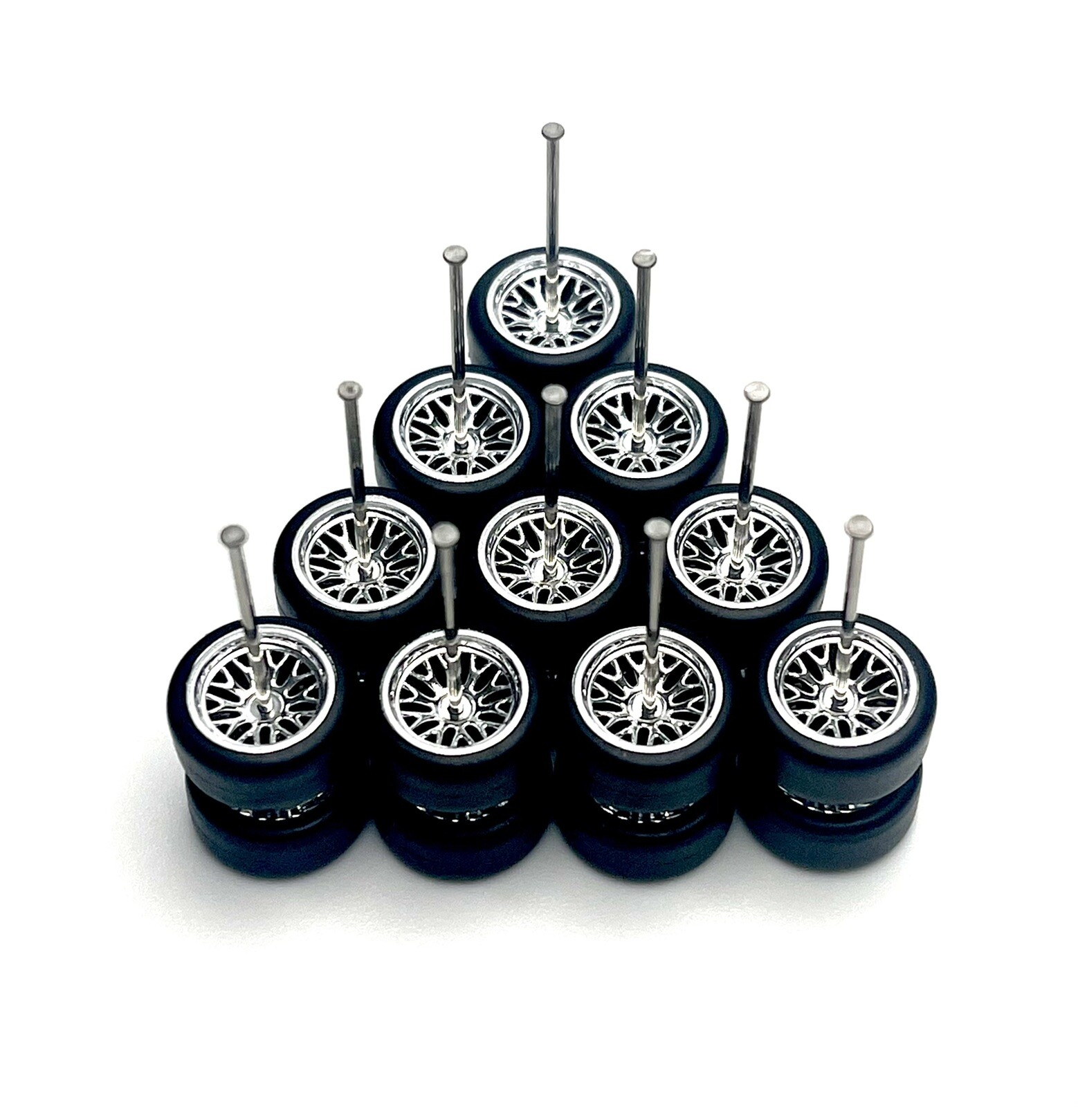 5x Sets Chrome BBS Real Rider Wheels With Rubber Tires For 1/64 Scale Cars