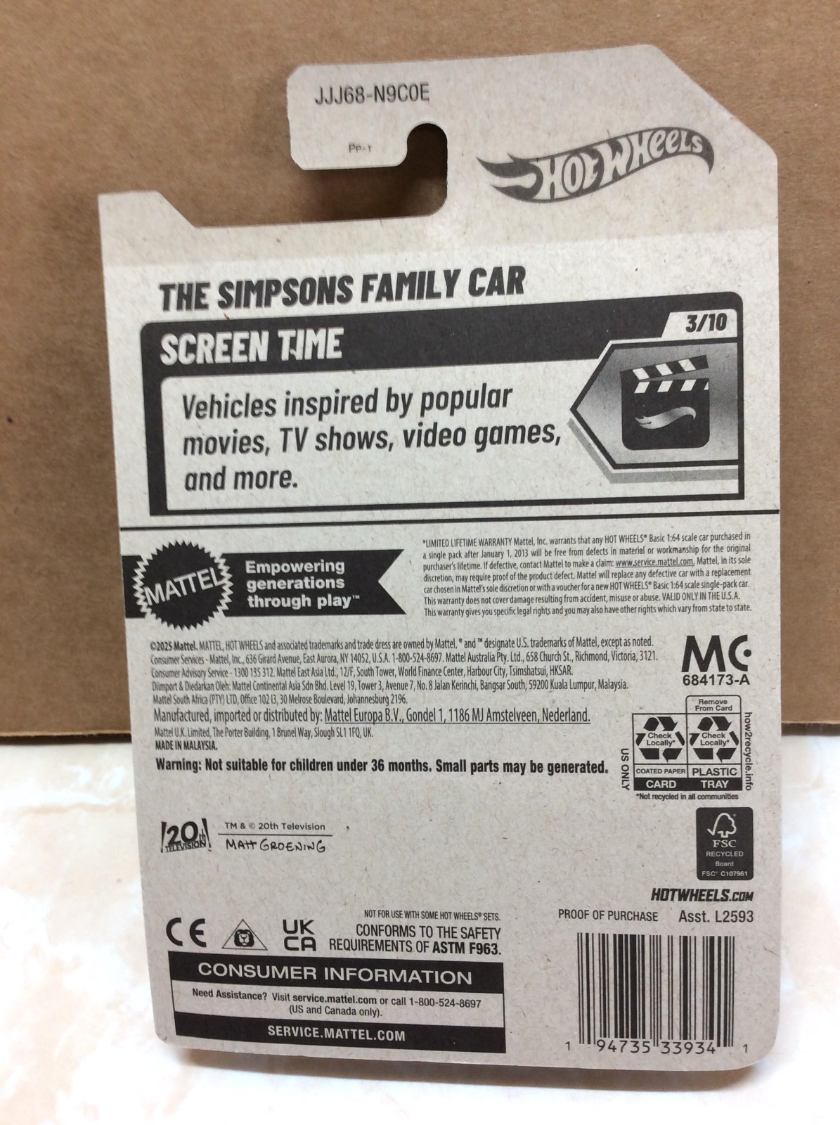 HOT WHEELS SCREEN TIME SERIES THE SIMPSONS FAMILY CAR EXCELLENT CARD