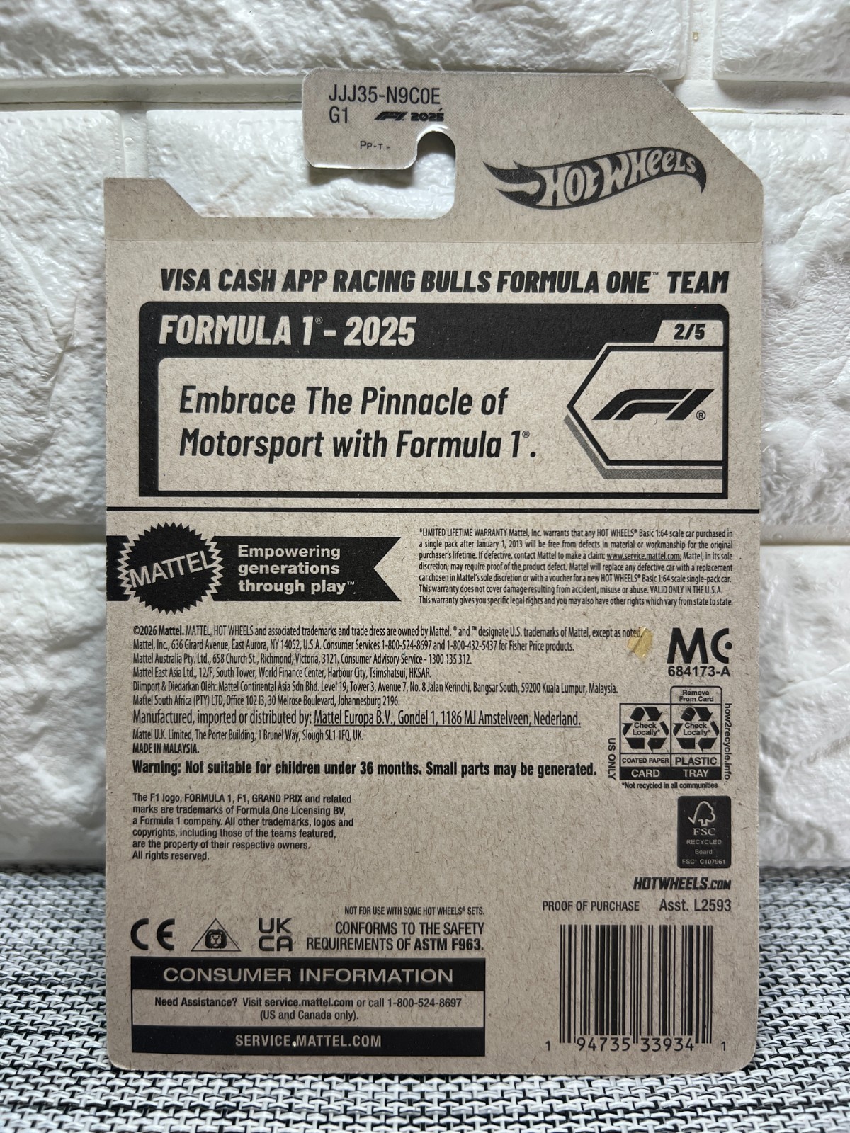 Hot Wheels Formula 1 2/5 Visa Cash App Racing Formula One Team 68/250 White