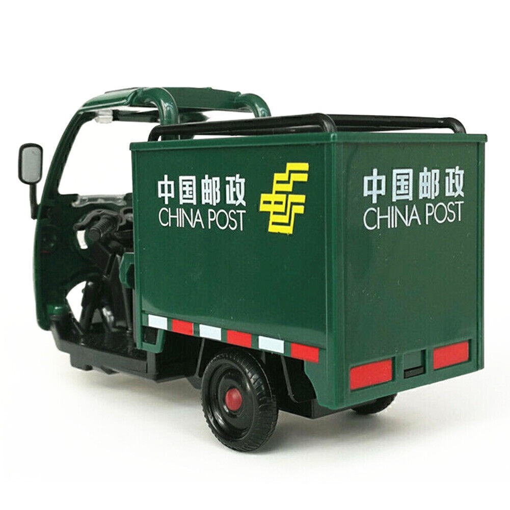 High Simulation China Post Express Car Tricycle Alloy Model With Sound And Light