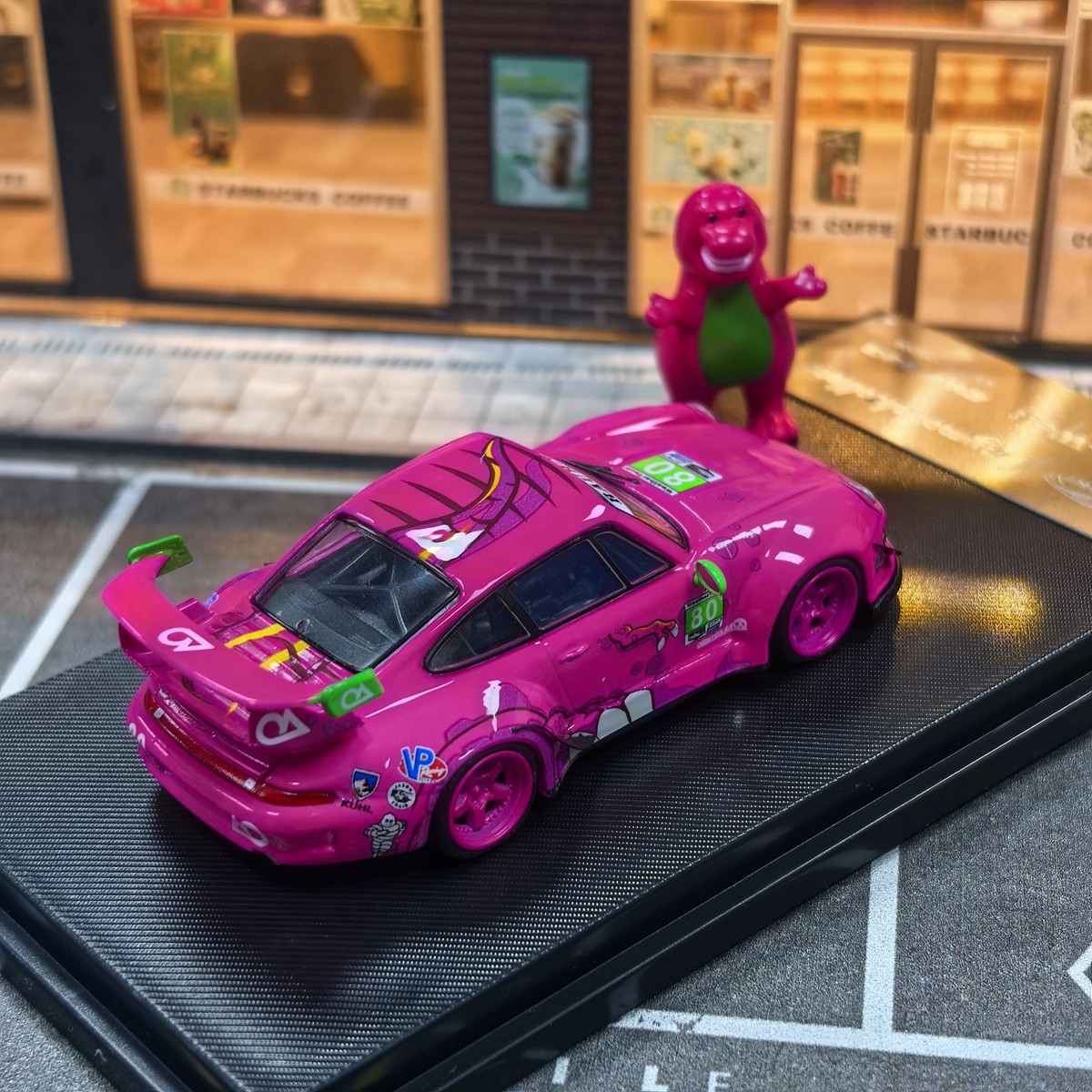 MC 1:64 Pink Dinosaur #80 RWB Porsche 993 Sports Model Diecast Metal Car Model