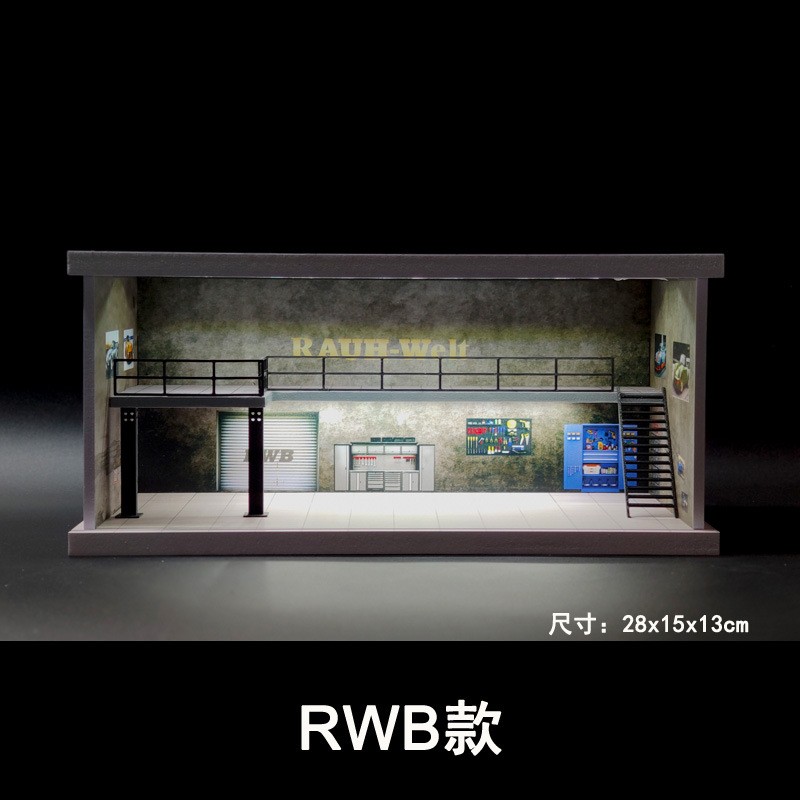 1/64 Car Garage Diorama Model LED Lighting Repair Workshop Scene Display Case US