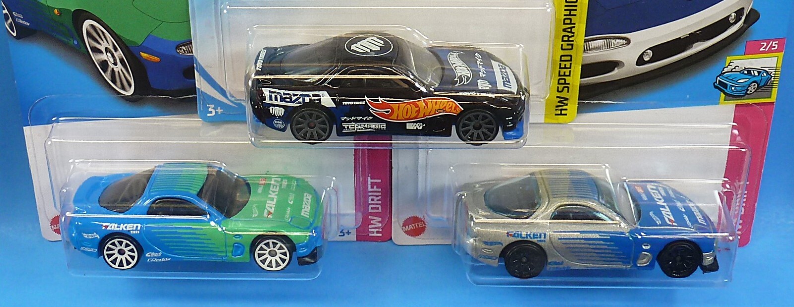 HOT WHEELS 3-95-MAZDA RX-7 VARIATIONS MAD MIKE SPEED GRAPHICS FALKEN DRIFT 1/64