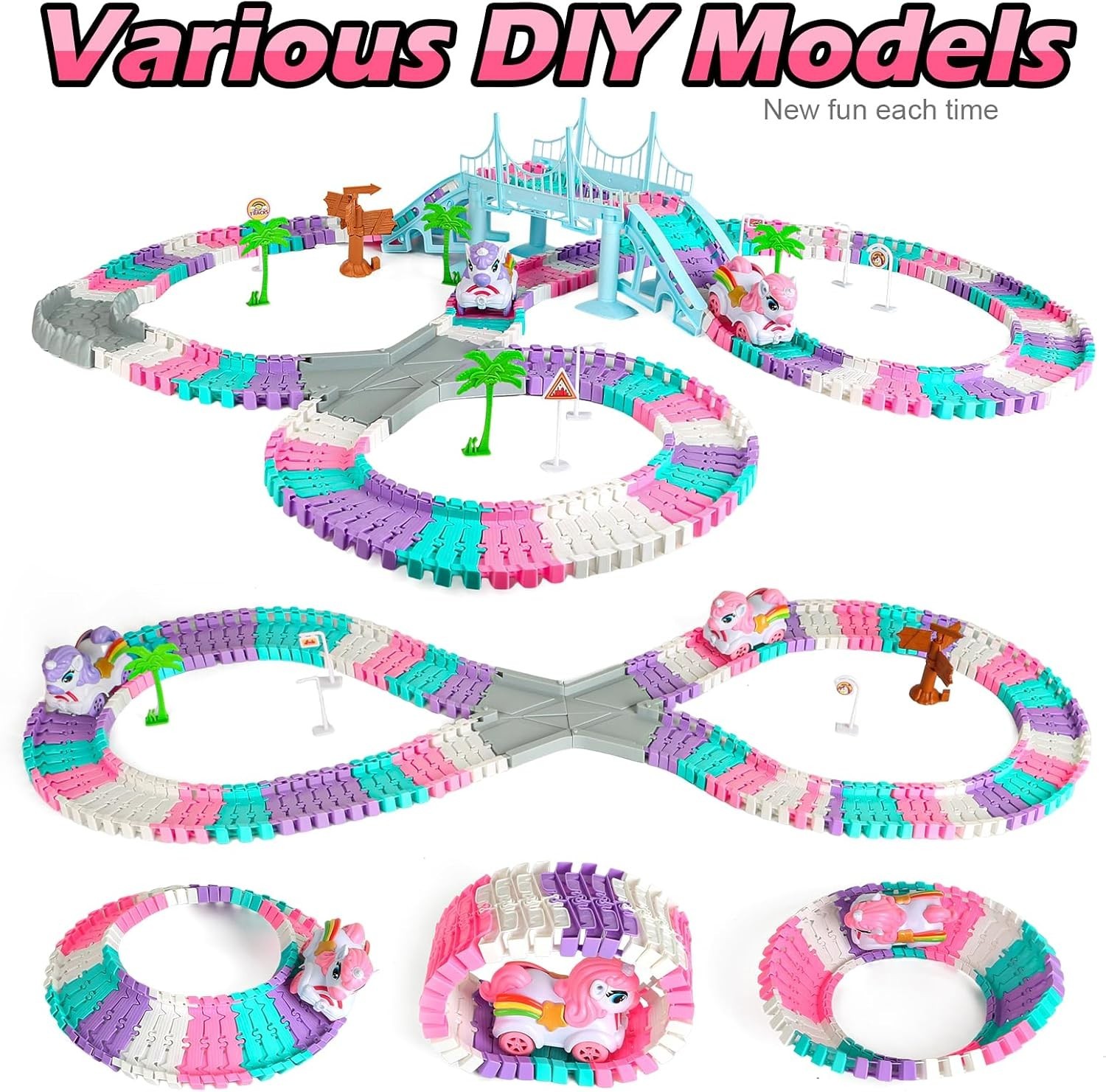 268 PCS Unicorn Race Tracks for Kids Toys, Glow in The Dark Magic Toy Set, 2 …