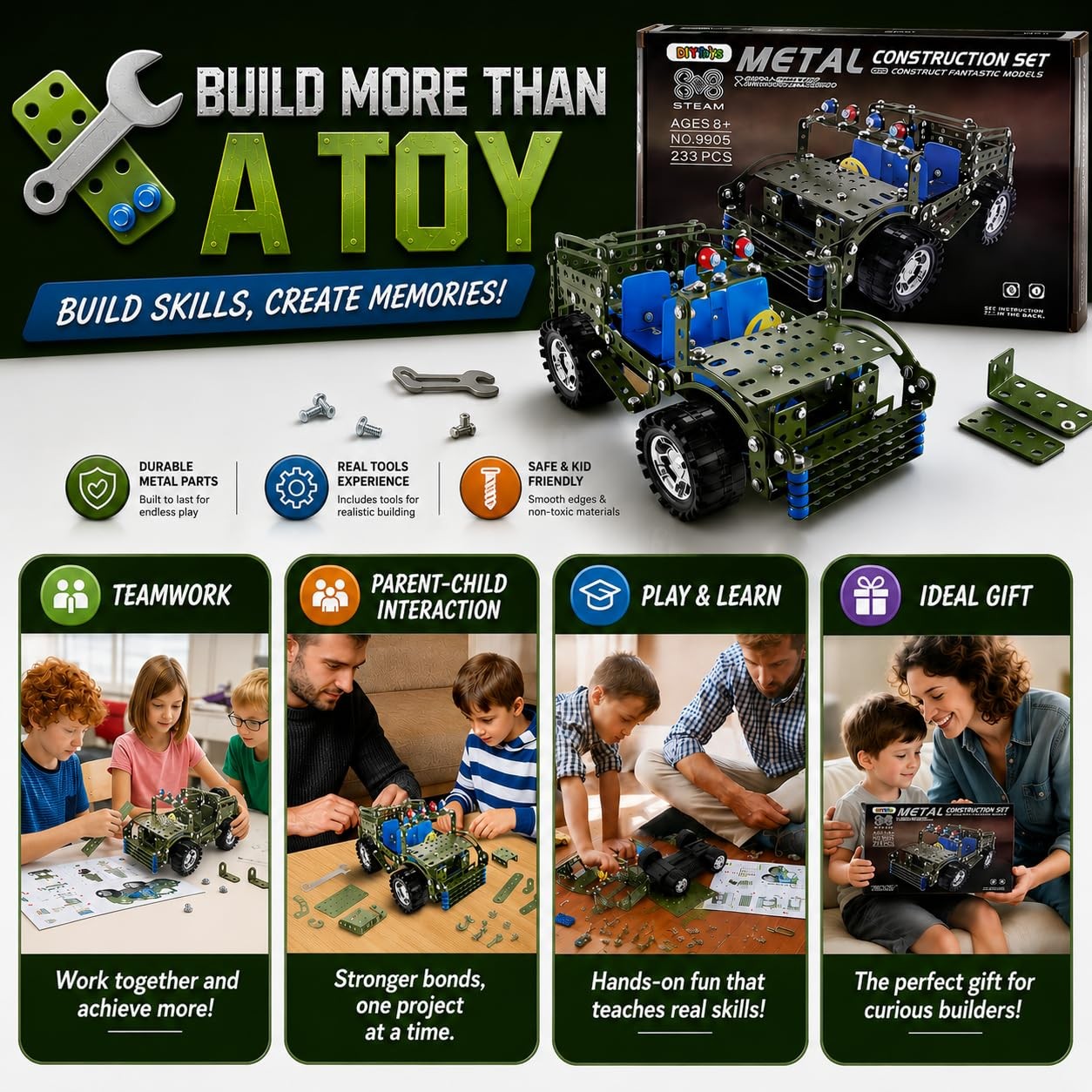 283 Pcs Metal Model Car Kit, STEM Building Toys for Kids 8-12