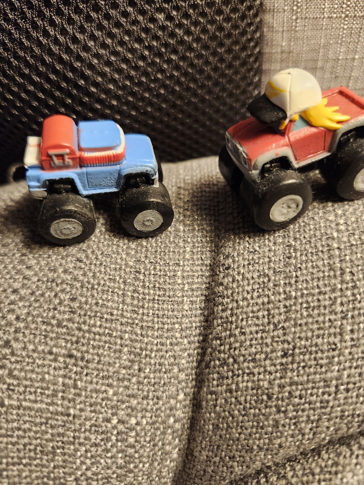 Lot of 2 Mini Monster Truck Toy Vehicles Multicolor (Blue/Red & Red/Black)
